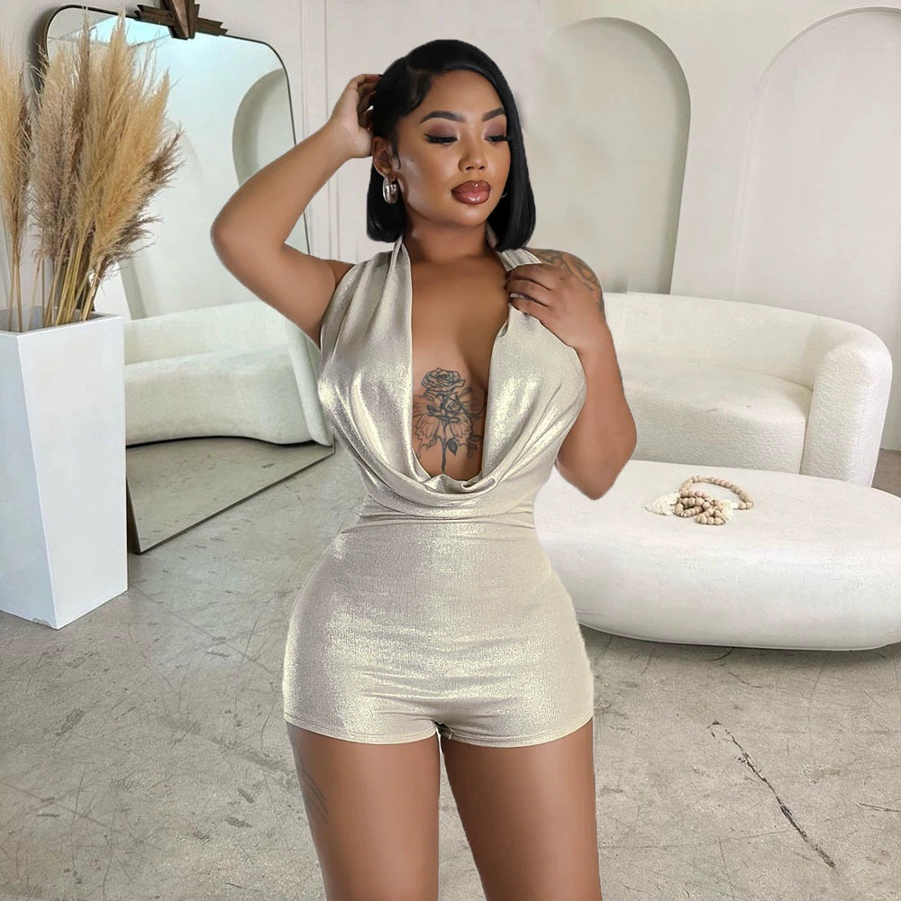 ZARA Nazada Baddie Summer Metallic Halter Backless Cutout Tight Bodysuit